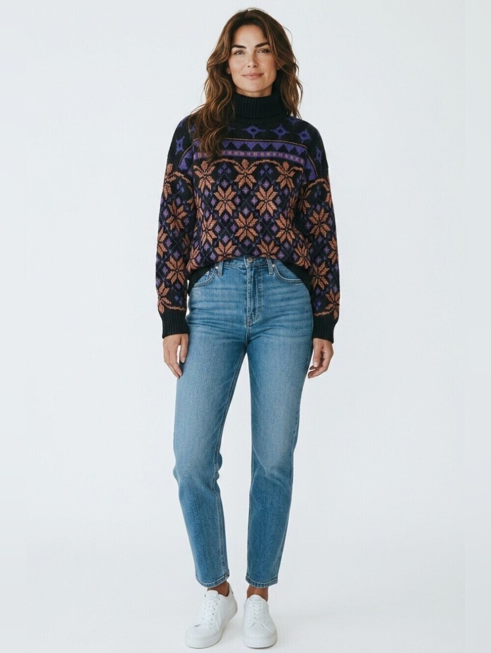 Vintage Purple and Orange Turtleneck Sweater with Nordic Pattern